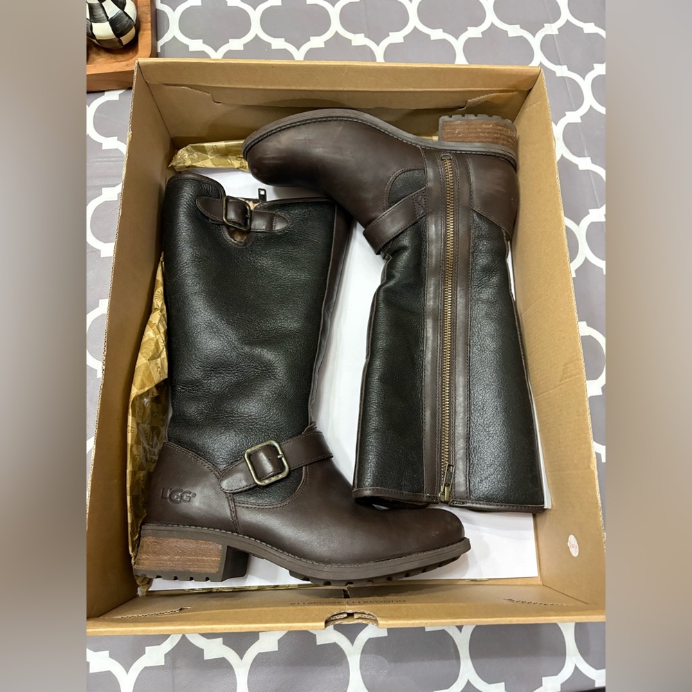 UGG Chancery pebbled brown and black leather Sherpa moto tall zip riding boots